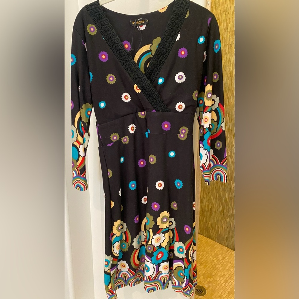 Cute knit dress with bright design, size small
